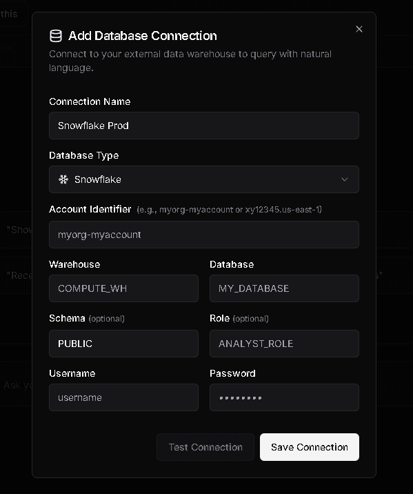Database connection dialog