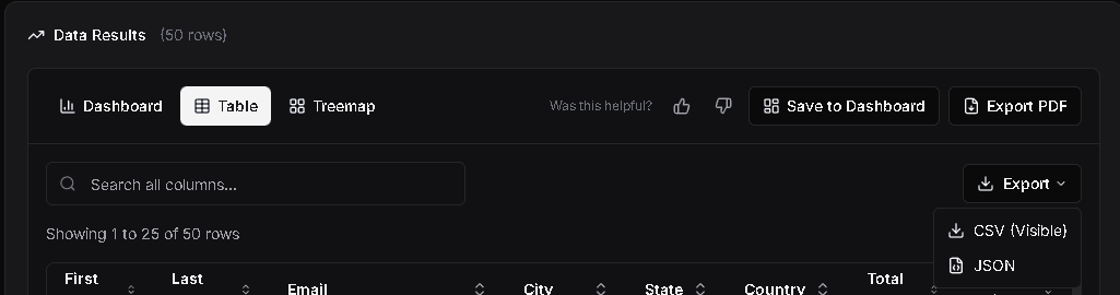 Export dropdown menu